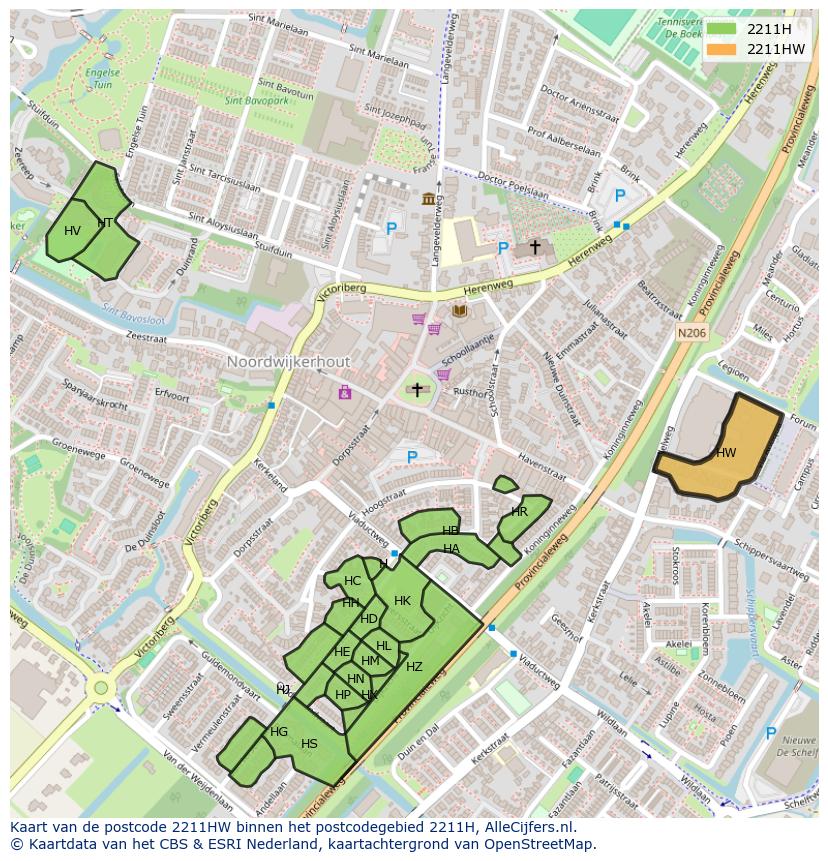 Afbeelding van het postcodegebied 2211 HW op de kaart.