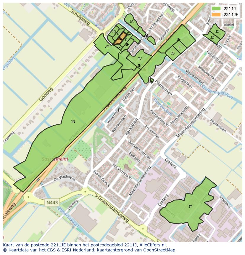 Afbeelding van het postcodegebied 2211 JE op de kaart.