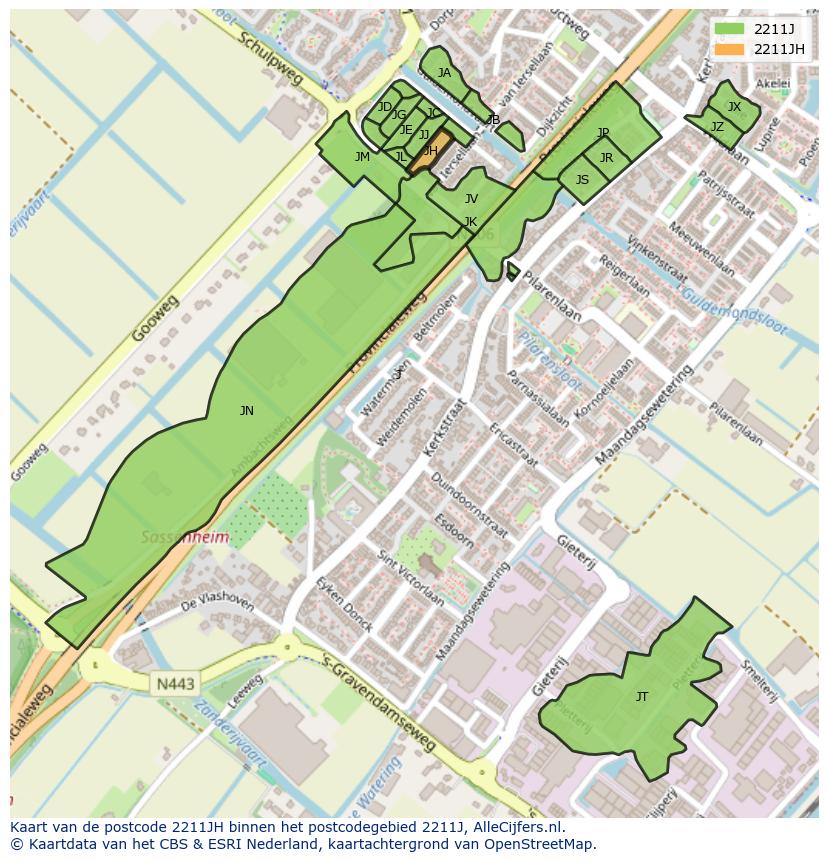 Afbeelding van het postcodegebied 2211 JH op de kaart.