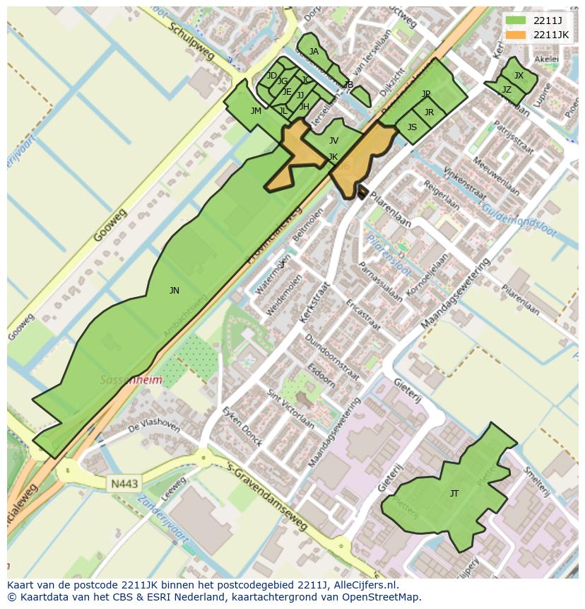 Afbeelding van het postcodegebied 2211 JK op de kaart.