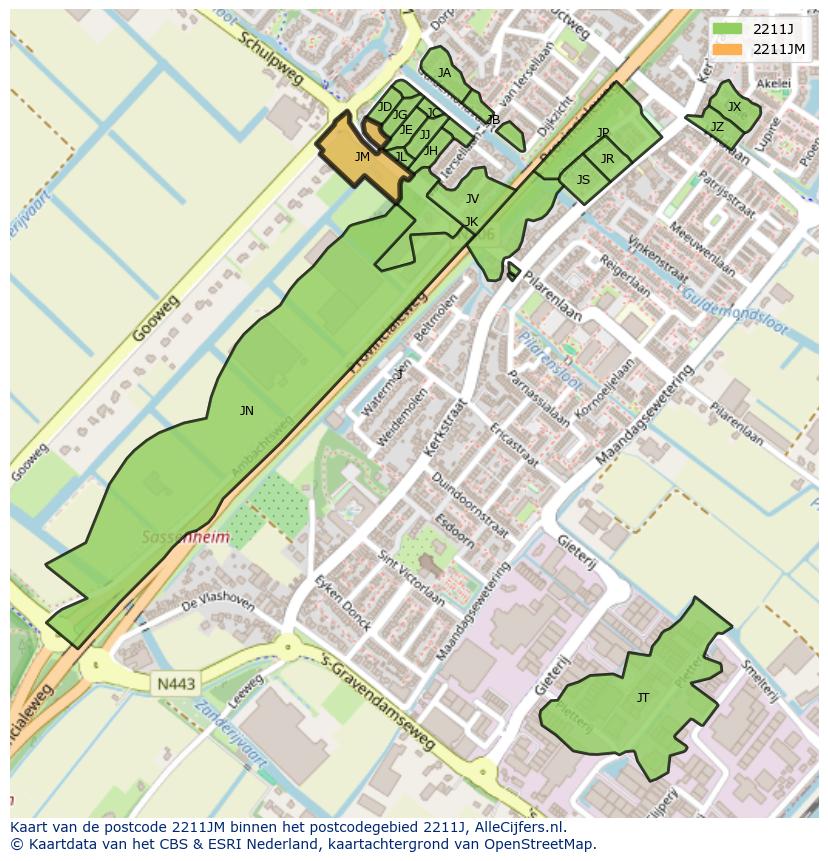 Afbeelding van het postcodegebied 2211 JM op de kaart.