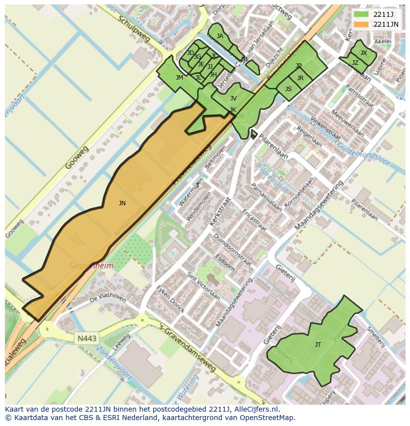 Afbeelding van het postcodegebied 2211 JN op de kaart.