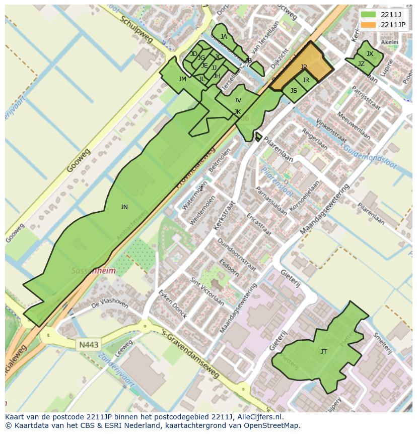 Afbeelding van het postcodegebied 2211 JP op de kaart.