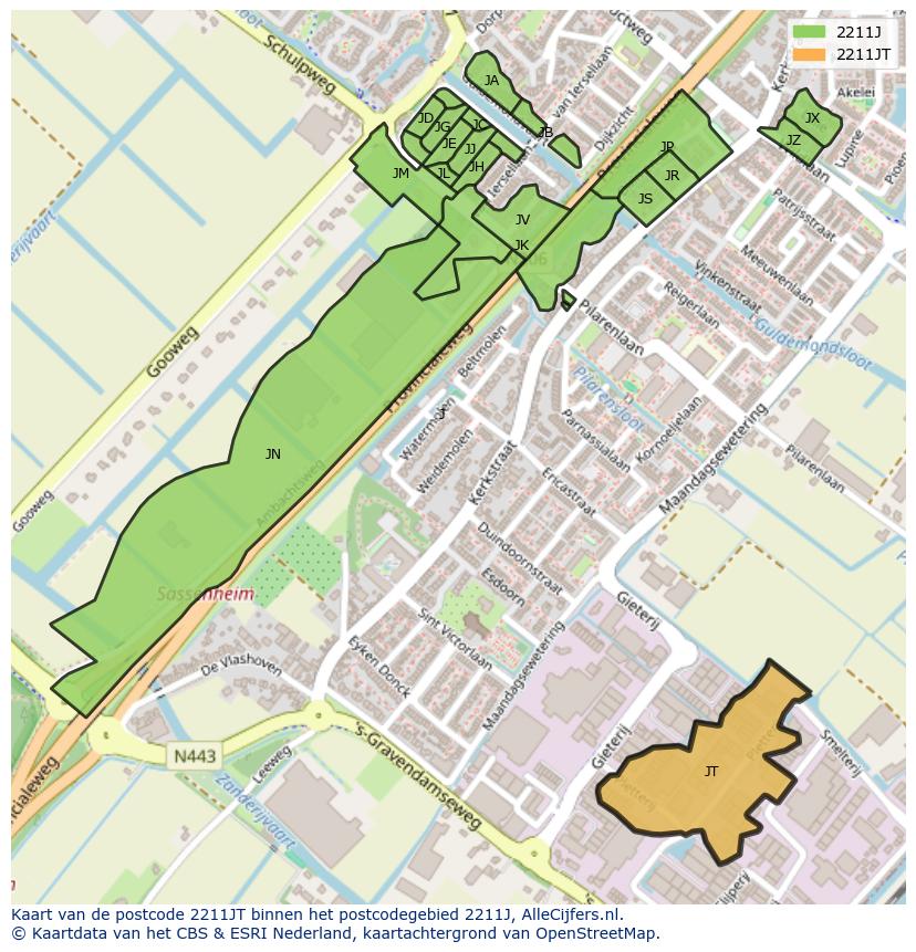 Afbeelding van het postcodegebied 2211 JT op de kaart.