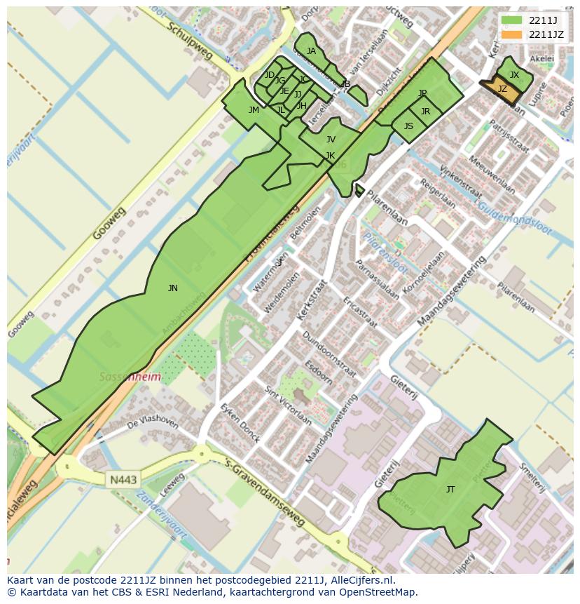 Afbeelding van het postcodegebied 2211 JZ op de kaart.