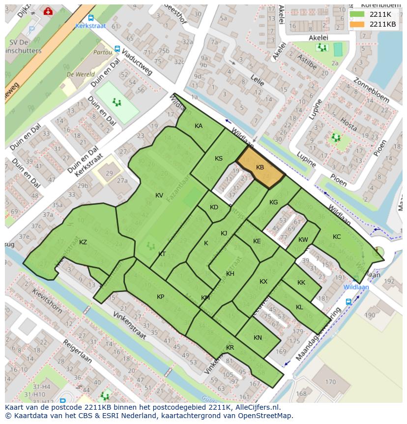 Afbeelding van het postcodegebied 2211 KB op de kaart.