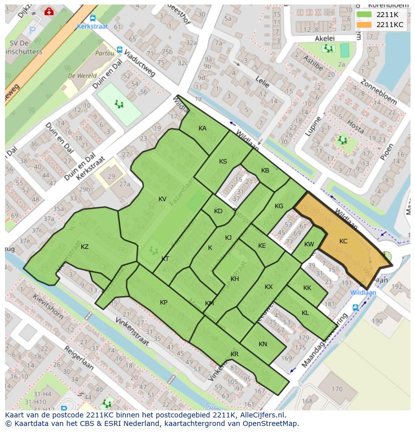 Afbeelding van het postcodegebied 2211 KC op de kaart.