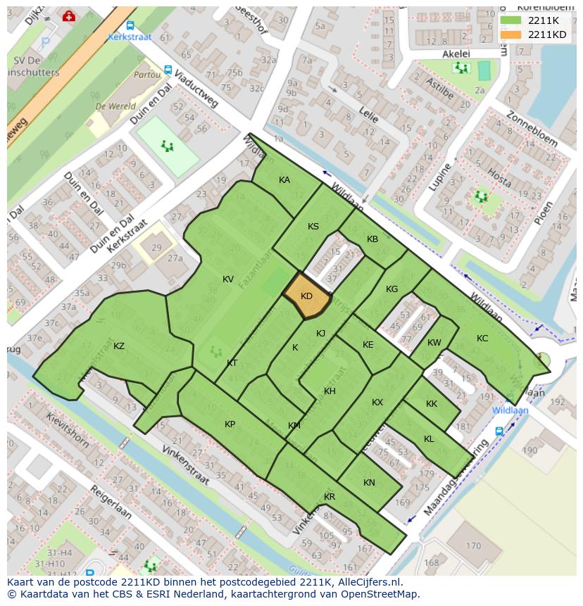 Afbeelding van het postcodegebied 2211 KD op de kaart.