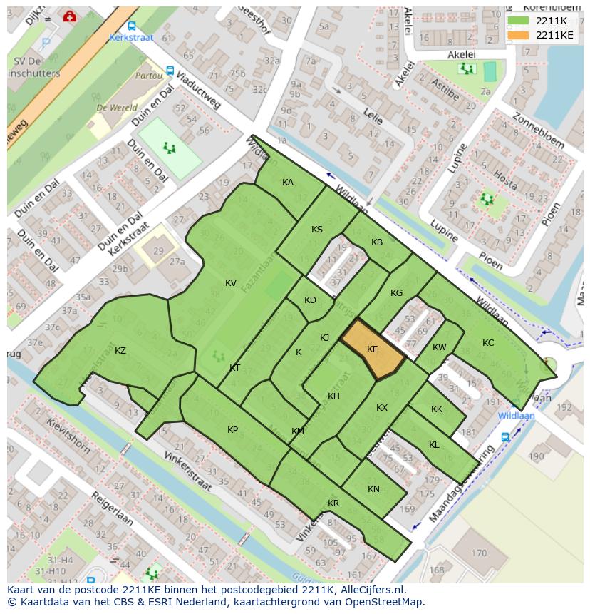 Afbeelding van het postcodegebied 2211 KE op de kaart.