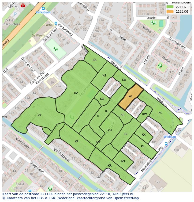 Afbeelding van het postcodegebied 2211 KG op de kaart.