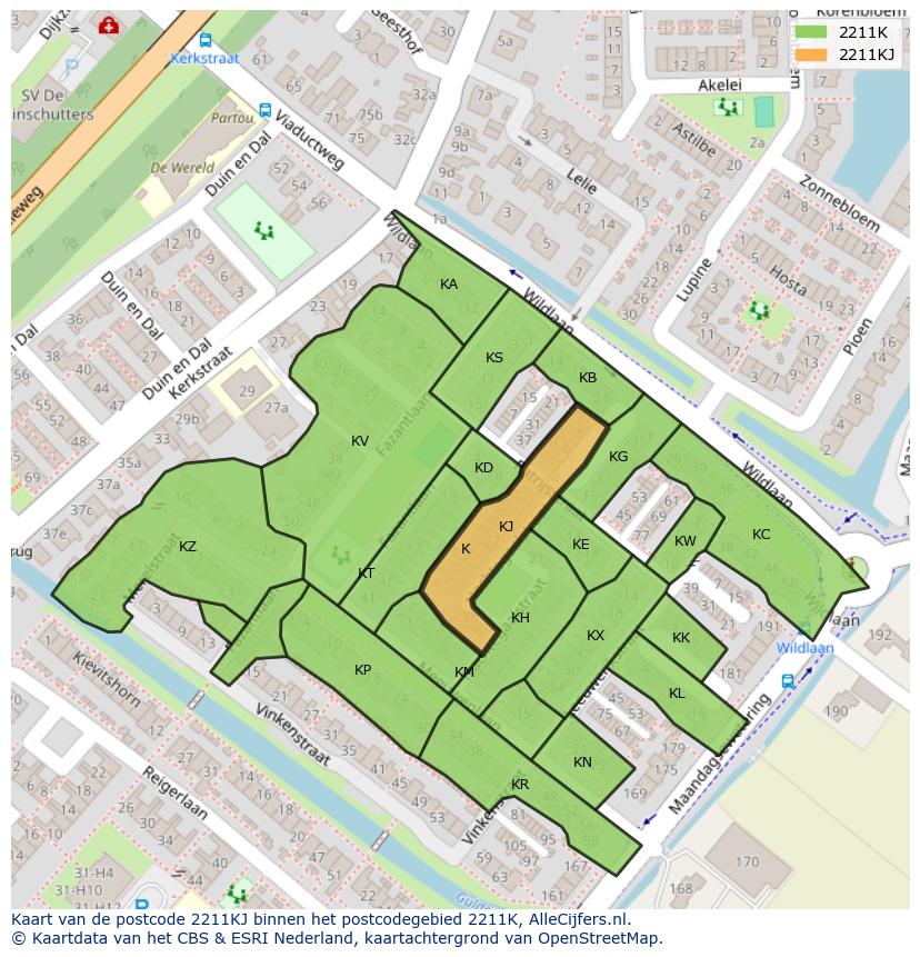 Afbeelding van het postcodegebied 2211 KJ op de kaart.