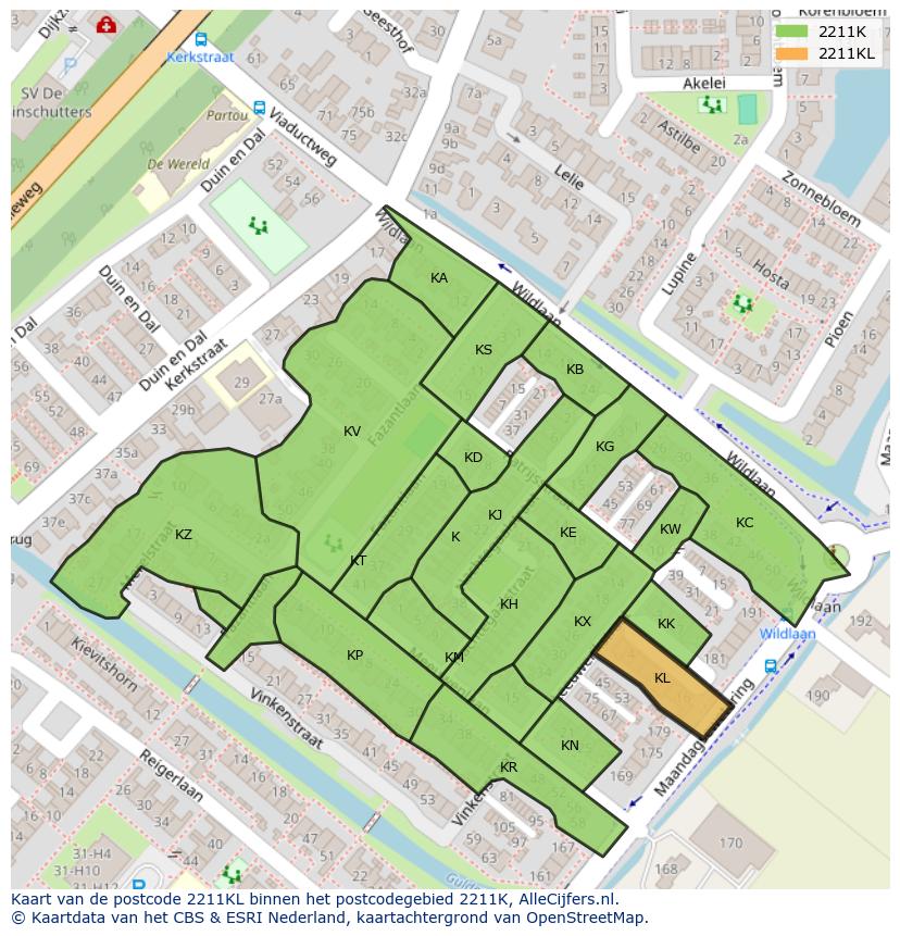 Afbeelding van het postcodegebied 2211 KL op de kaart.