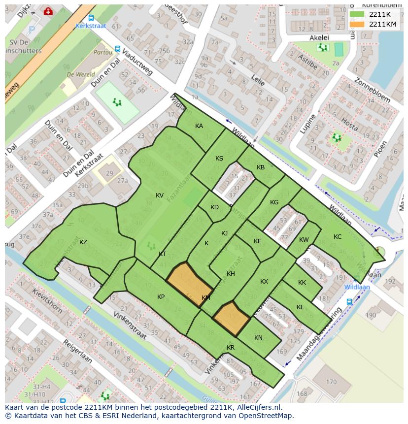 Afbeelding van het postcodegebied 2211 KM op de kaart.