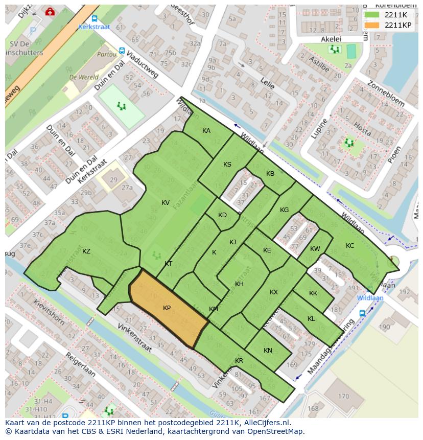 Afbeelding van het postcodegebied 2211 KP op de kaart.