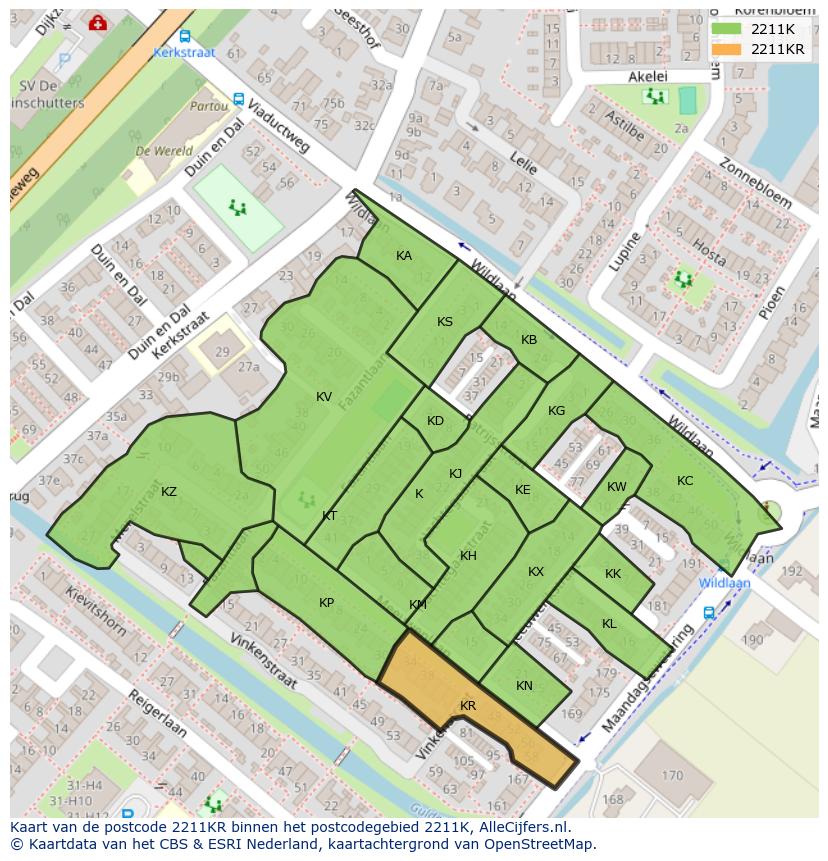 Afbeelding van het postcodegebied 2211 KR op de kaart.