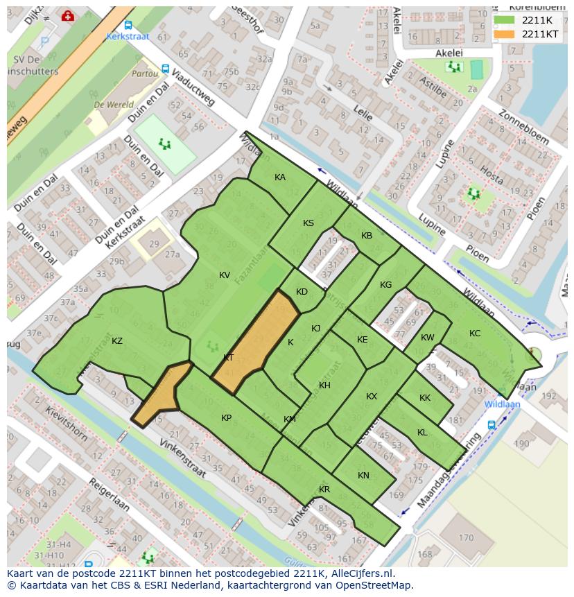 Afbeelding van het postcodegebied 2211 KT op de kaart.
