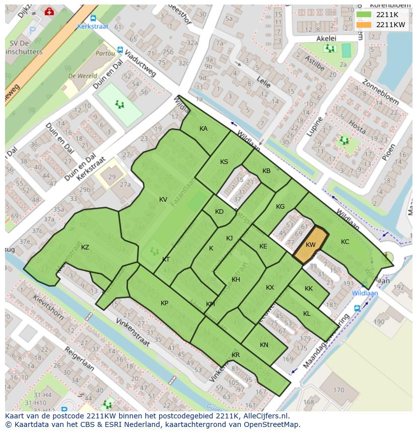 Afbeelding van het postcodegebied 2211 KW op de kaart.