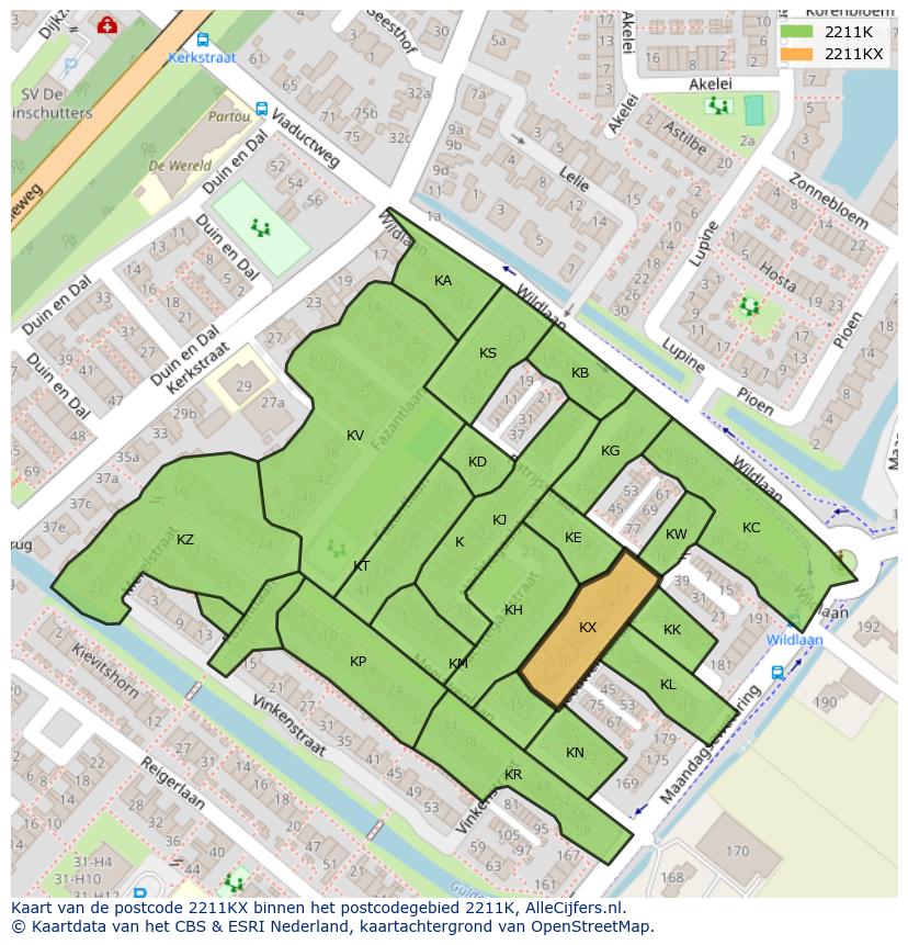 Afbeelding van het postcodegebied 2211 KX op de kaart.
