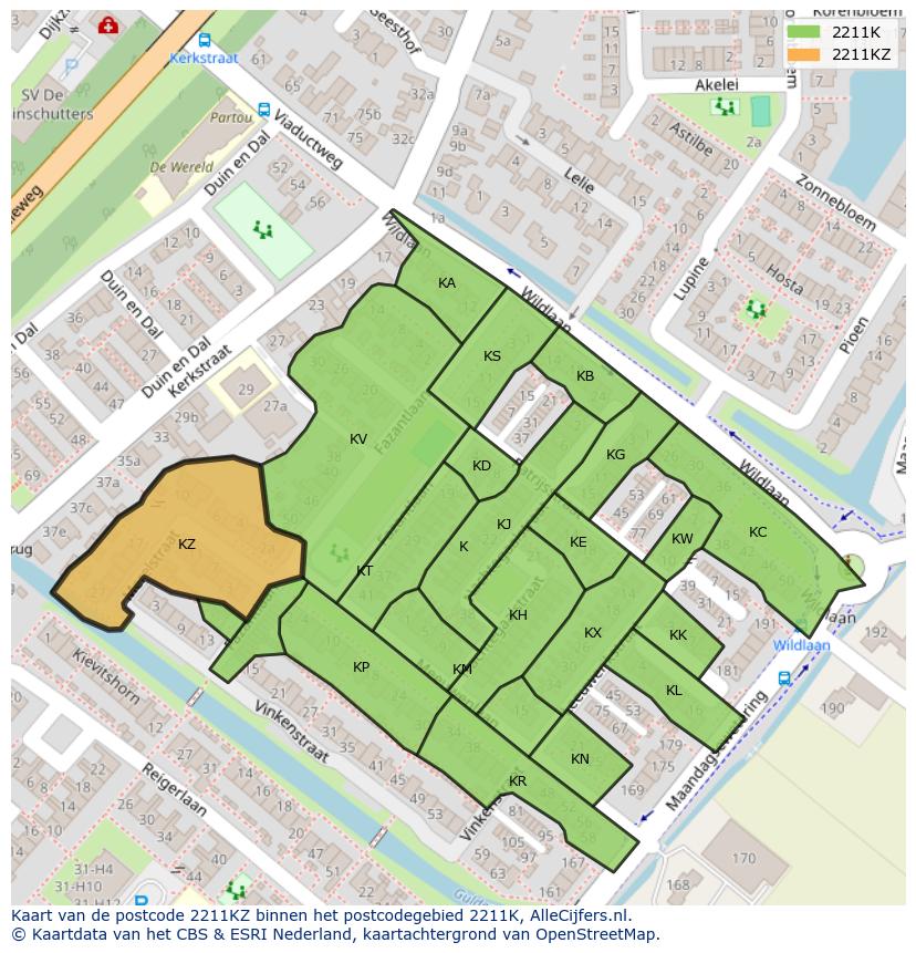 Afbeelding van het postcodegebied 2211 KZ op de kaart.