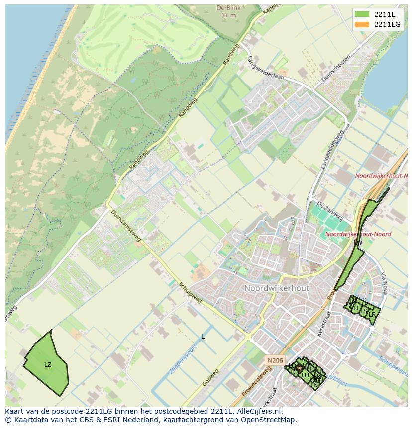 Afbeelding van het postcodegebied 2211 LG op de kaart.