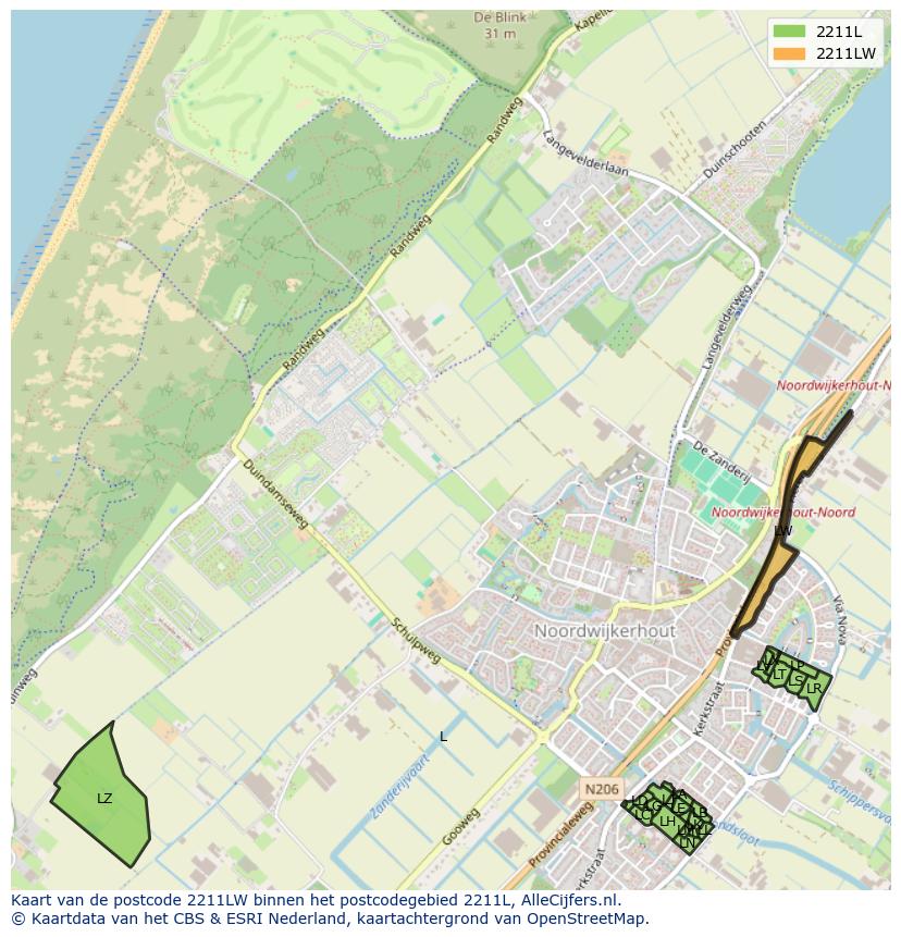 Afbeelding van het postcodegebied 2211 LW op de kaart.