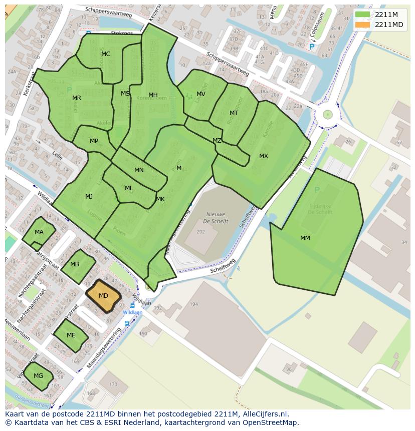 Afbeelding van het postcodegebied 2211 MD op de kaart.