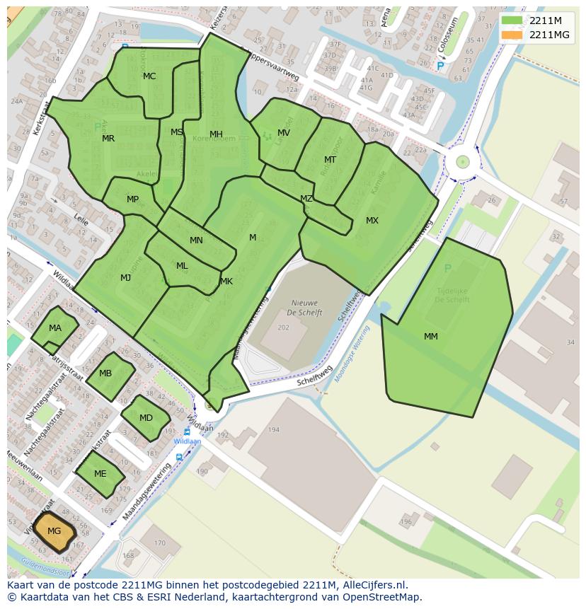 Afbeelding van het postcodegebied 2211 MG op de kaart.