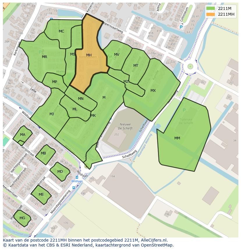 Afbeelding van het postcodegebied 2211 MH op de kaart.