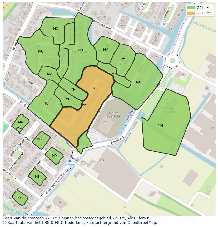 Afbeelding van het postcodegebied 2211 MK op de kaart.