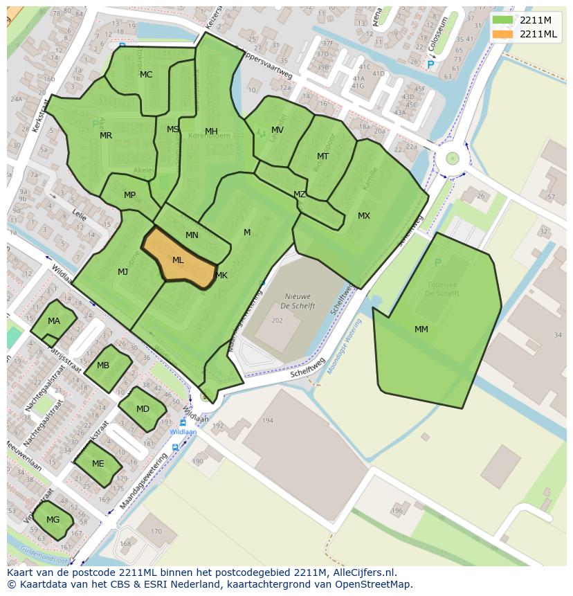 Afbeelding van het postcodegebied 2211 ML op de kaart.