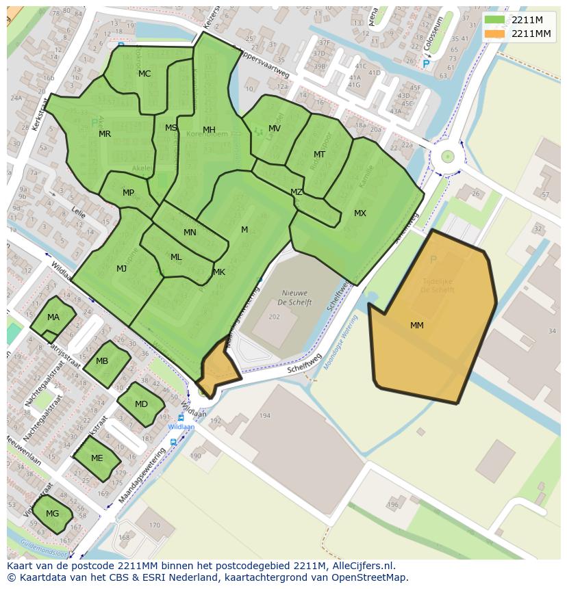 Afbeelding van het postcodegebied 2211 MM op de kaart.