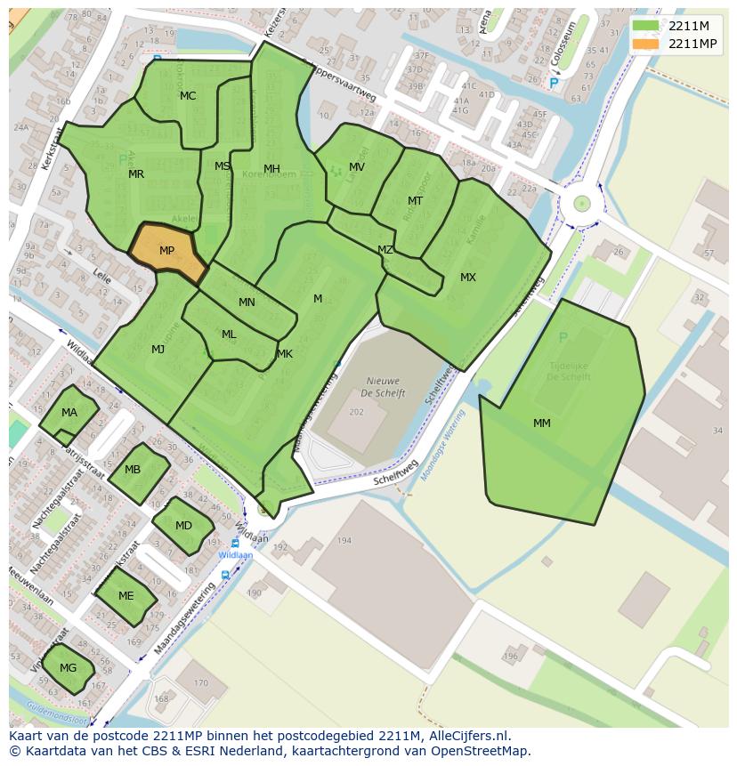 Afbeelding van het postcodegebied 2211 MP op de kaart.