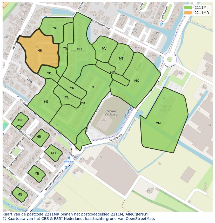Afbeelding van het postcodegebied 2211 MR op de kaart.