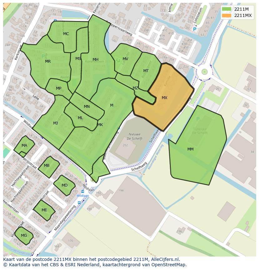Afbeelding van het postcodegebied 2211 MX op de kaart.