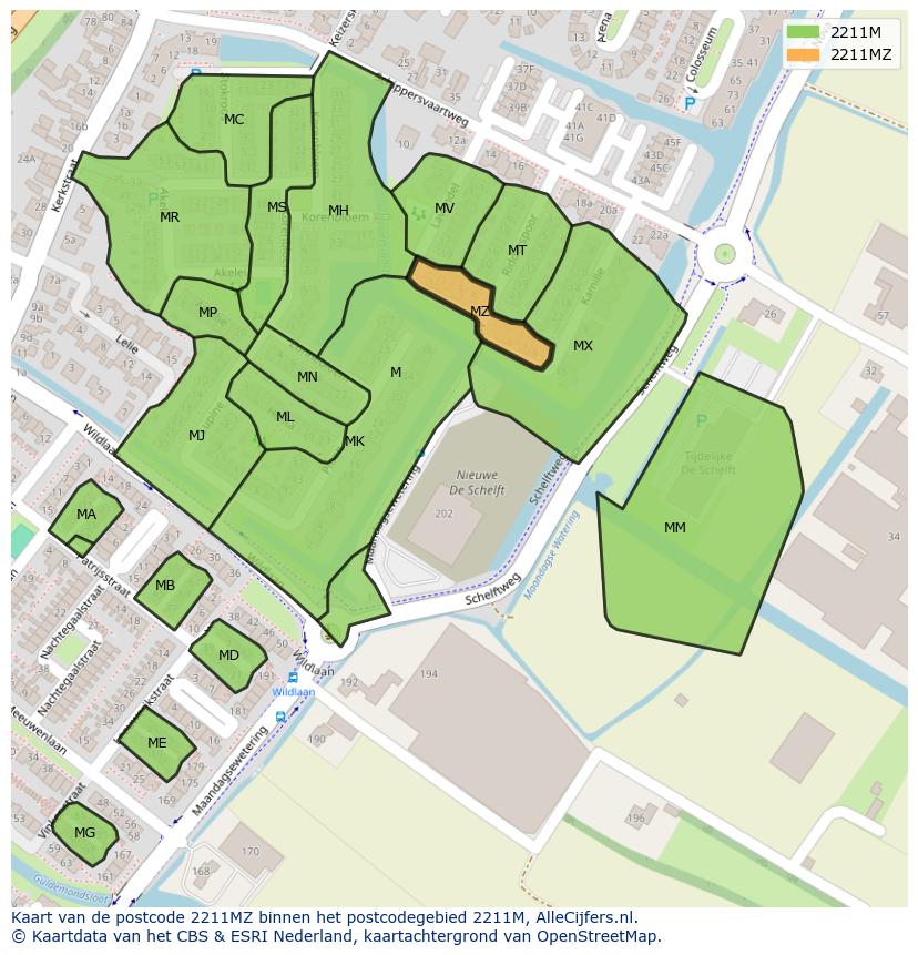 Afbeelding van het postcodegebied 2211 MZ op de kaart.