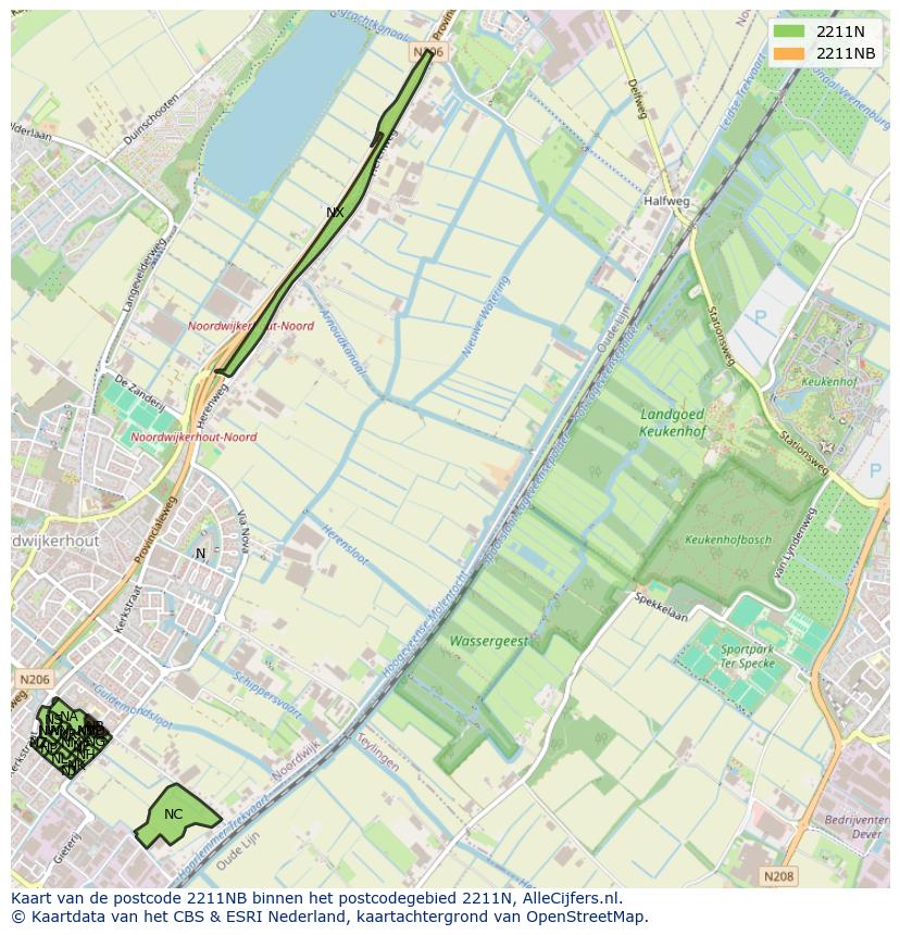 Afbeelding van het postcodegebied 2211 NB op de kaart.