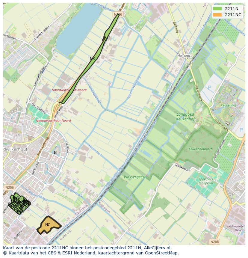 Afbeelding van het postcodegebied 2211 NC op de kaart.
