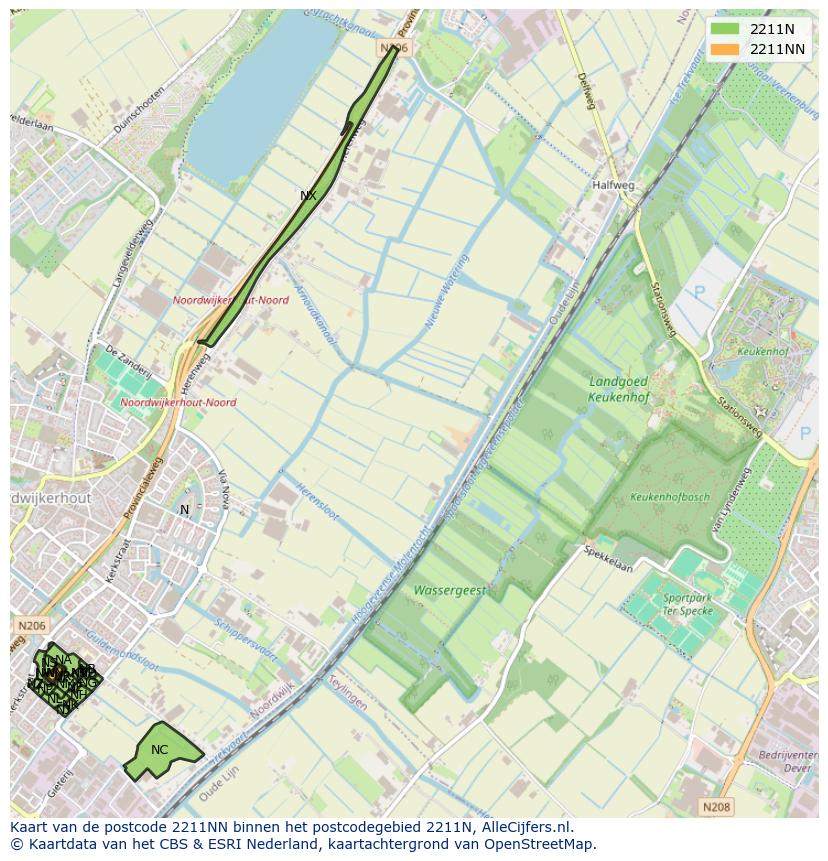 Afbeelding van het postcodegebied 2211 NN op de kaart.