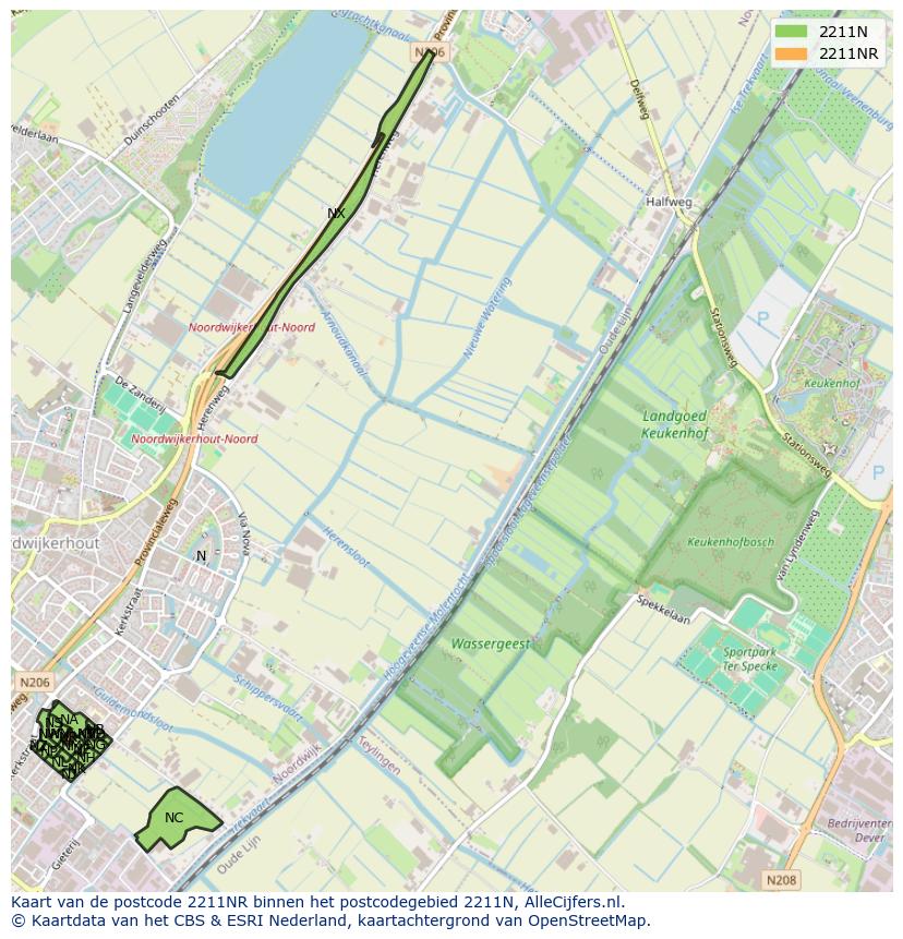 Afbeelding van het postcodegebied 2211 NR op de kaart.