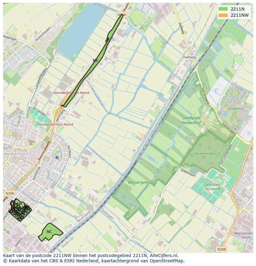 Afbeelding van het postcodegebied 2211 NW op de kaart.