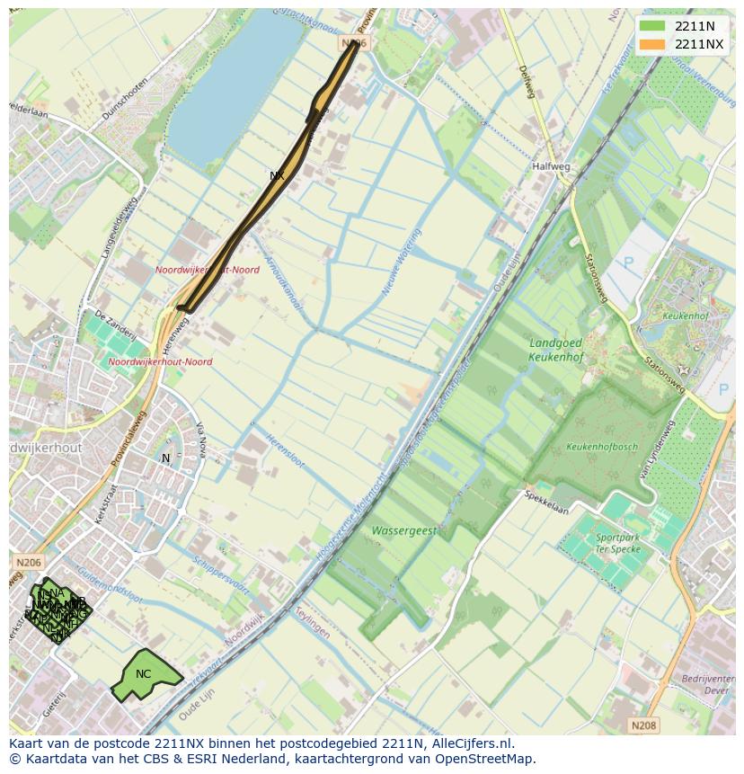 Afbeelding van het postcodegebied 2211 NX op de kaart.