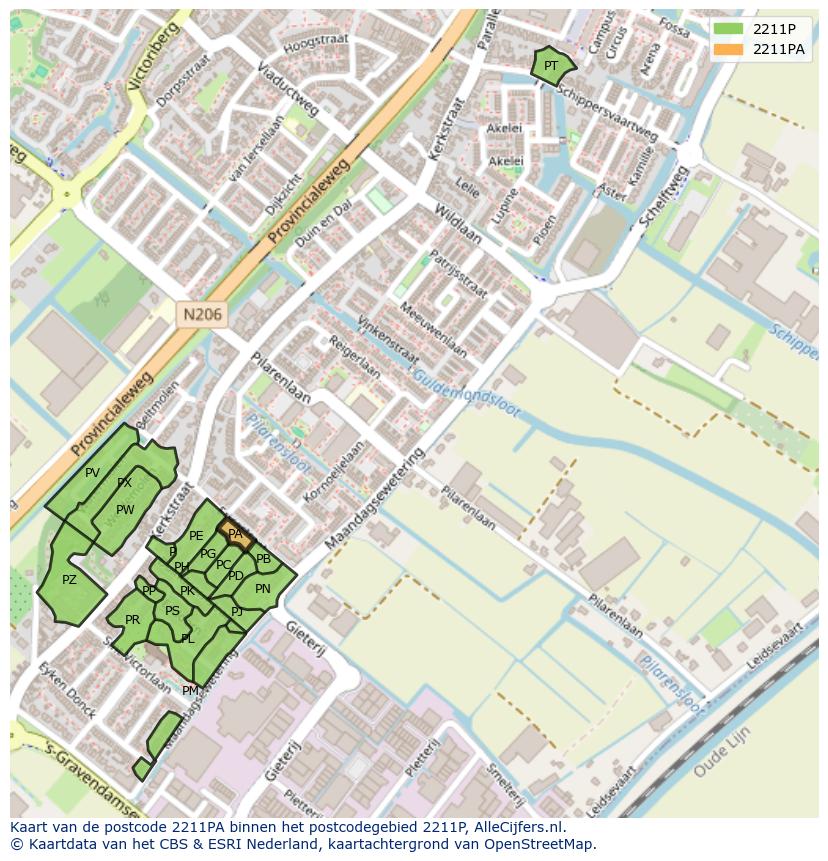 Afbeelding van het postcodegebied 2211 PA op de kaart.