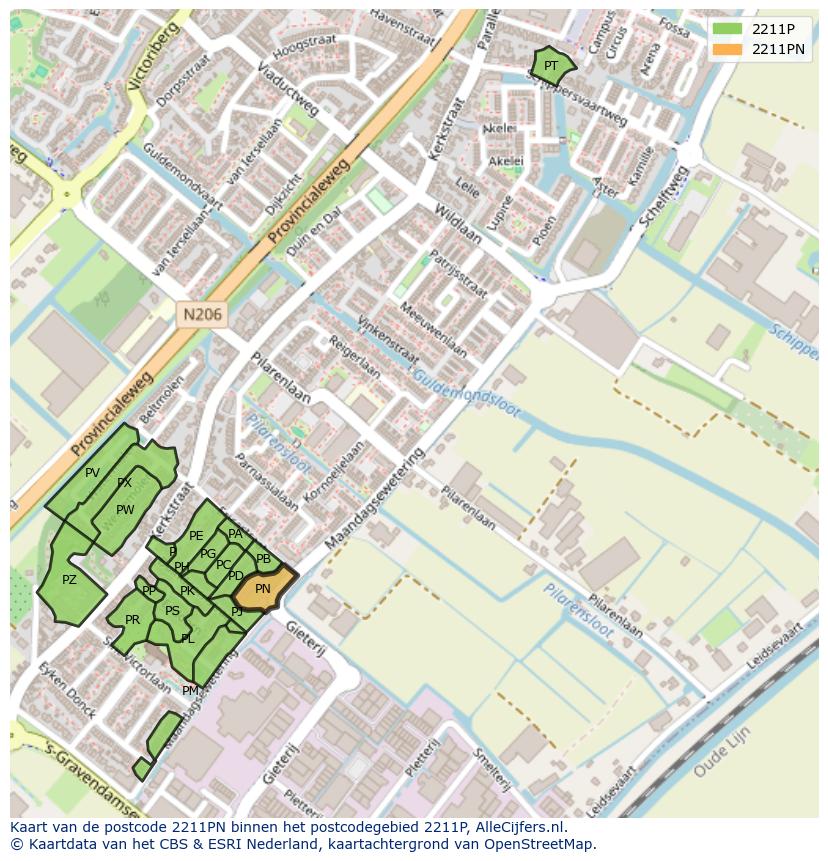 Afbeelding van het postcodegebied 2211 PN op de kaart.