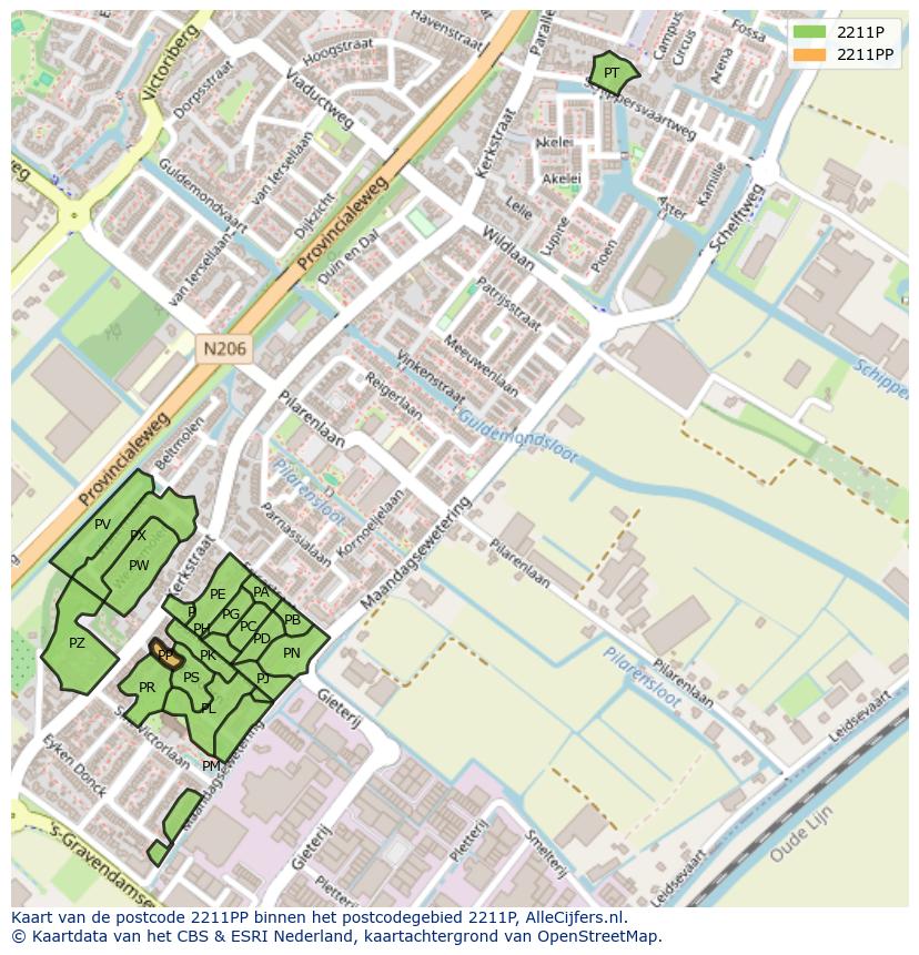 Afbeelding van het postcodegebied 2211 PP op de kaart.