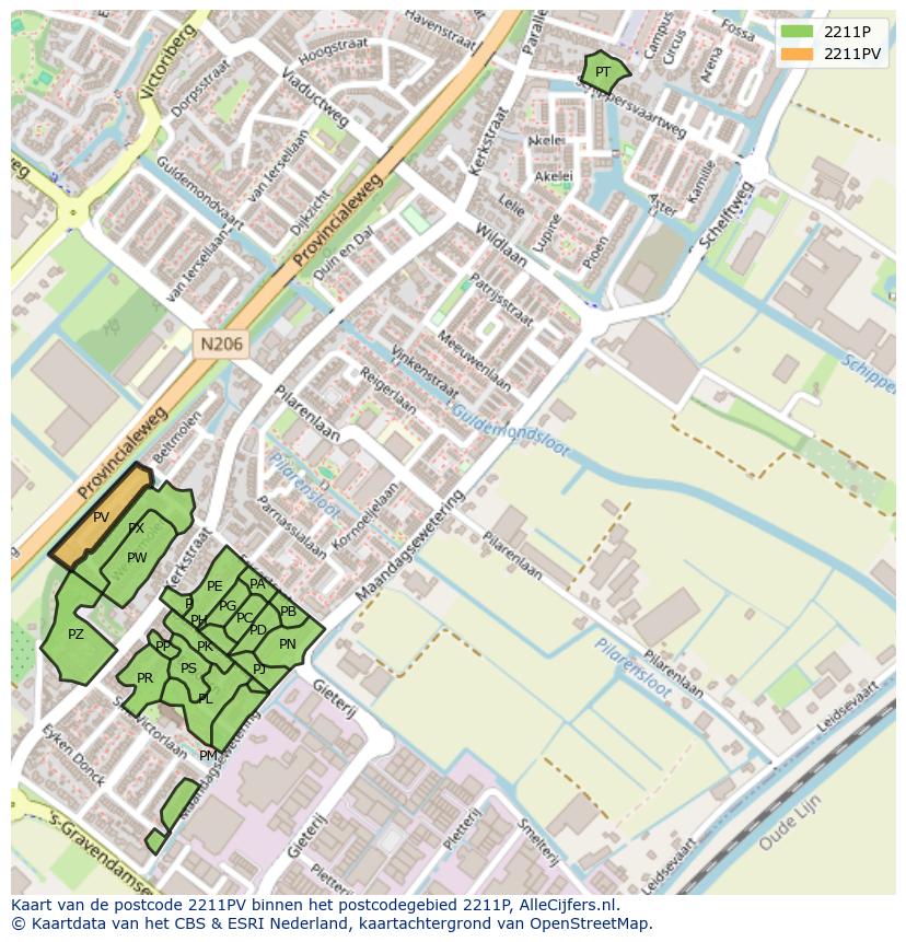 Afbeelding van het postcodegebied 2211 PV op de kaart.