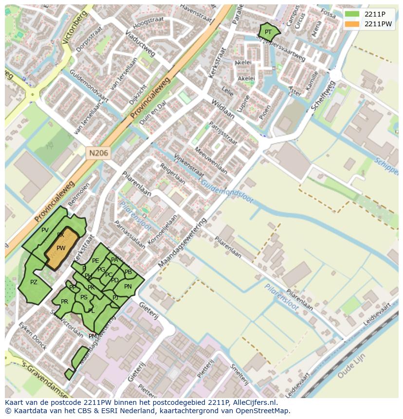 Afbeelding van het postcodegebied 2211 PW op de kaart.