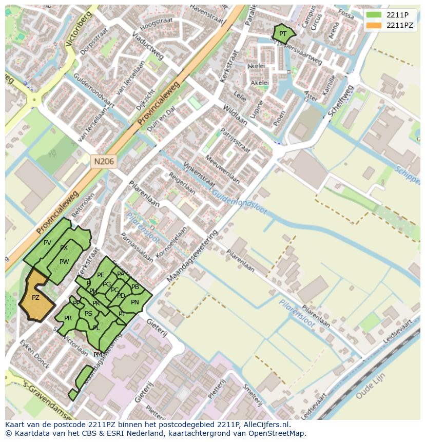 Afbeelding van het postcodegebied 2211 PZ op de kaart.