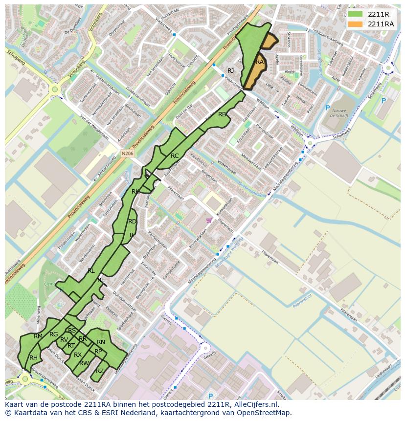 Afbeelding van het postcodegebied 2211 RA op de kaart.