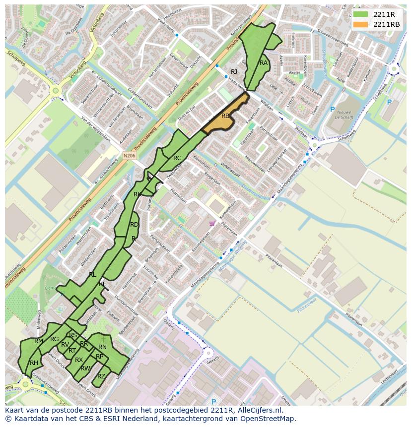 Afbeelding van het postcodegebied 2211 RB op de kaart.