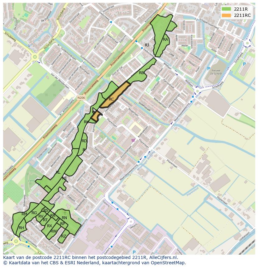 Afbeelding van het postcodegebied 2211 RC op de kaart.